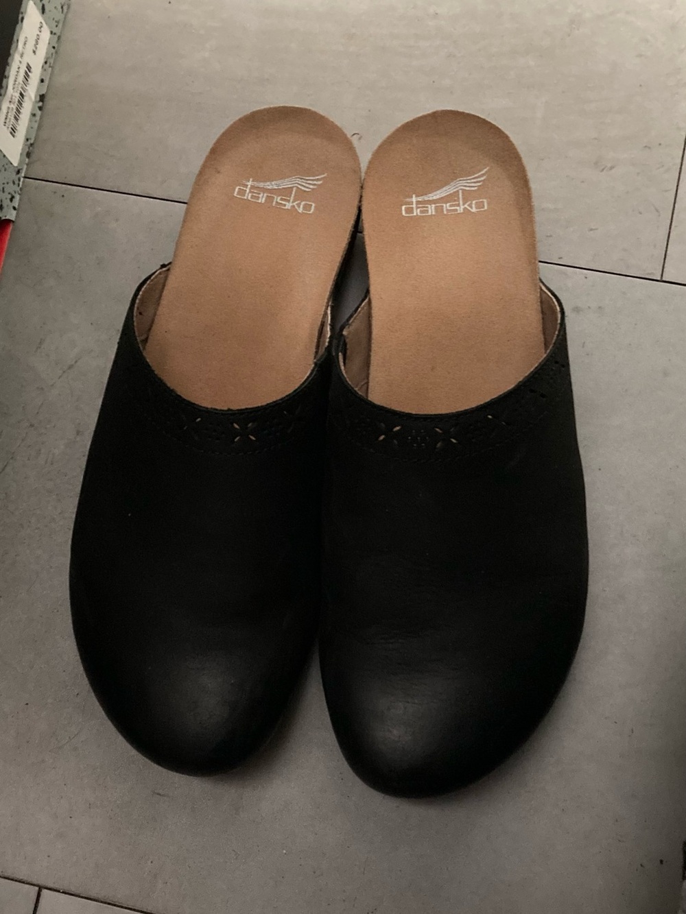 Dansko Black Leather Clog Mules with Tan Insole